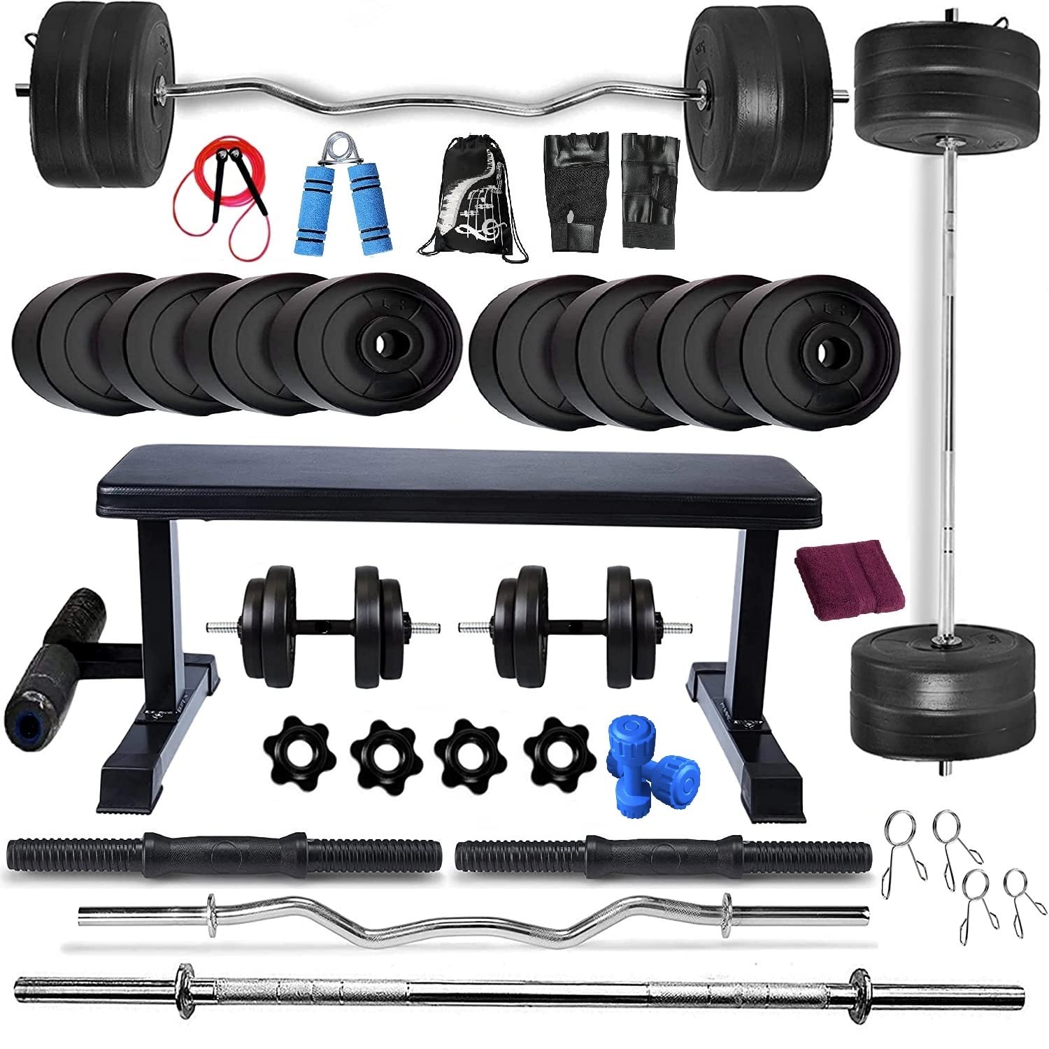 Bodyfit Home Gym Set Combo Kit Gym Equipment 20 100 Kg 3Ft Curl 5Ft Plain Rod Flat Leg Extension Bench2X14 Dumbbell Rods Weight Plates Fitness Exercise Set 