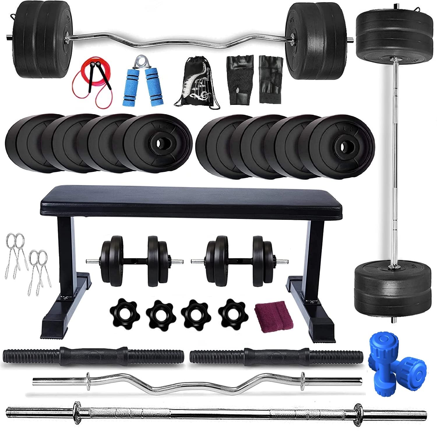 Bodyfit PVC Home Gym Set Combo, Gym Equipment, Weight Plates Flat Leg  Support Bench with 5Ft Straight, 3Ft Curl Bars N 2 Dumbbell Rods, Gym Bag  and Accessories (40KG Set), Black –
